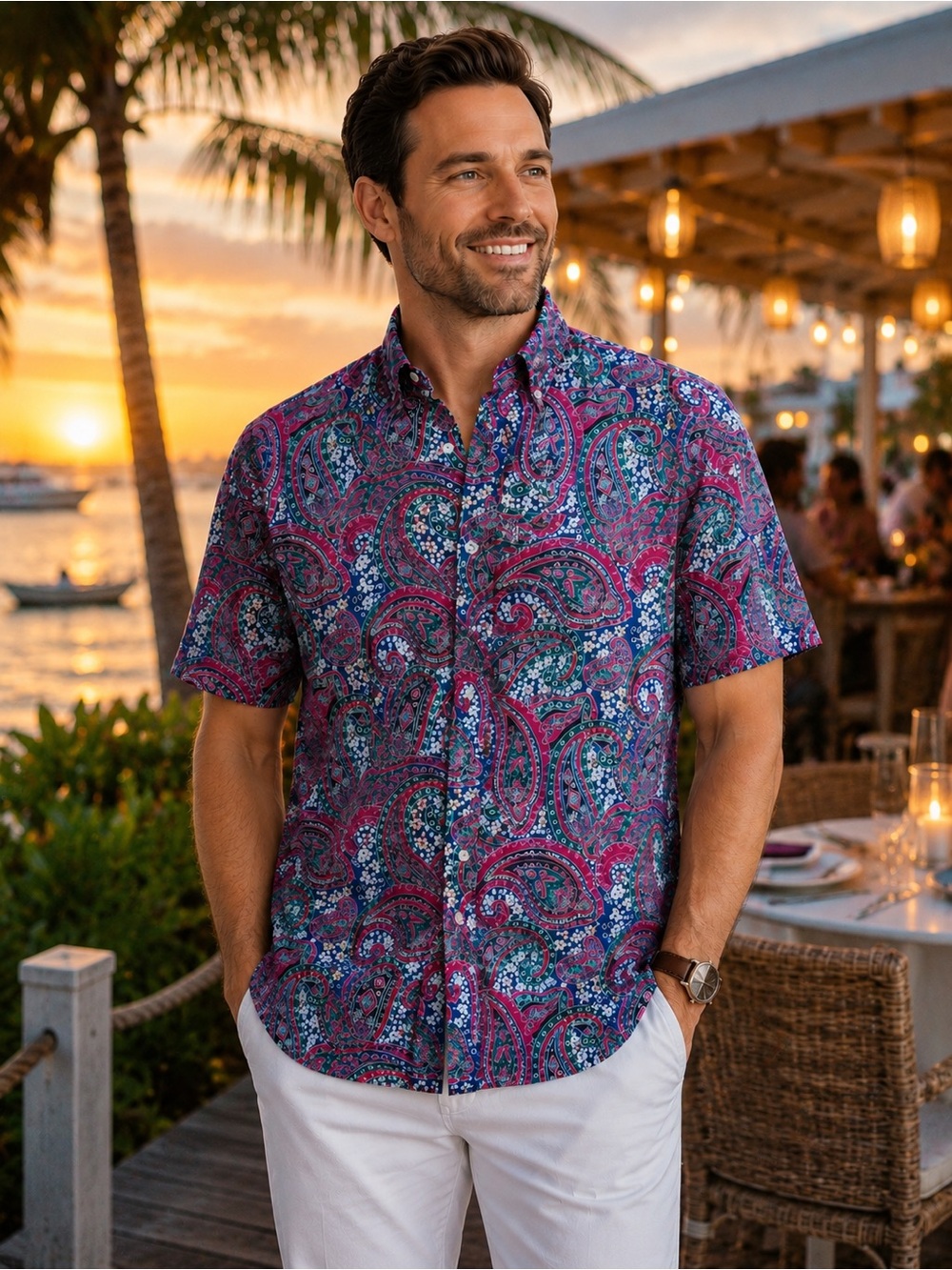 At Ease Men’s Paisley ButtonUp Shirt Size M Pink/Blue/Green Vintage Style Cotton